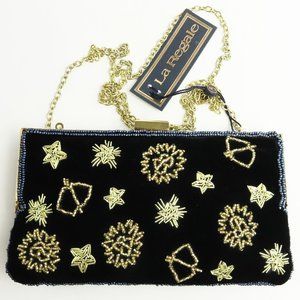 New Womens La Regale Astrology Beaded Velvet Mini Crossbody Evening Bag Clutch